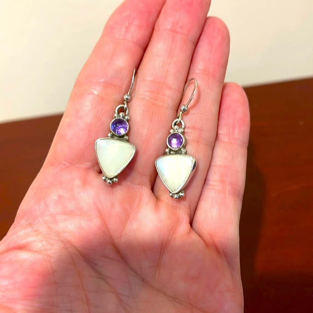 Artisan Sterling Silver, Amethyst, Mother of Pearl Earrings